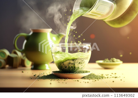 Delicious matcha latte with fluffy foam in a transparent glass with green tea leaf powder 113649302