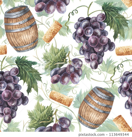 Seamless pattern with grapes, green leaves, grape vines, barrel, red , wine corks. Hand drawn watercolor illustration. Isolated on white background. For fabric, textile, paper Seamless pattern with grapes, green leaves, grape vines, barrel, red , wine corks. Hand drawn watercolor illustration. Isolated on white background. For fabric, textile, paper 113649344