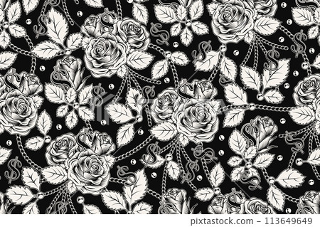 Black and white pattern with roses, dollar sign Black and white pattern with roses, dollar sign 113649649