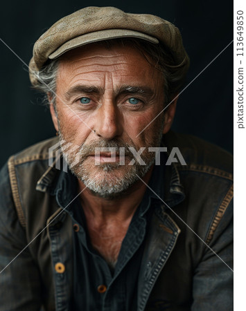 Generative ai illustration of a portrait of man in black shirt and beige cap Generative ai illustration of a portrait of man in black shirt and beige cap 113649850