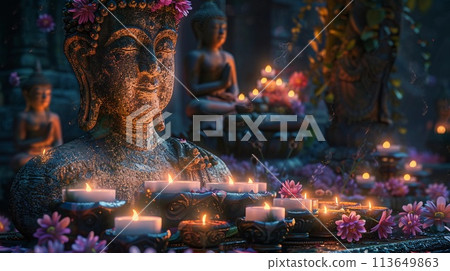 Buddha Statue In Ornate Temple. Candles, Flowers, and Offerings. Vesak, Buddha Purnima, AI Generated 113649863