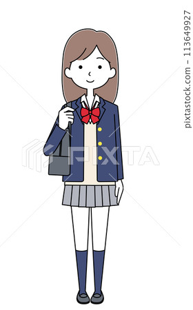 Illustration of a high school girl with a school bag on her shoulder (ribbon blazer) 113649927