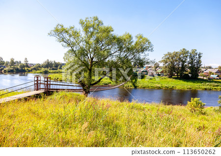Suspension bridge across the Msta river next the Borovichi, Russia Suspension bridge across the Msta river next the Borovichi, Russia 113650262