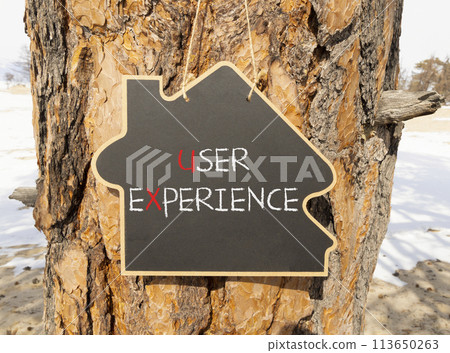 UX user experience symbol. Concept words UX user experience on beautiful black house blackboard. Beautiful tree background. Business and UX user experience concept. Copy space. UX user experience symbol. Concept words UX user experience on beautiful black house blackboard. Beautiful tree background. Business and UX user experience concept. Copy space. 113650263