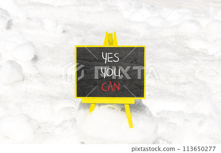 Motivational and Yes you can symbol. Concept words Yes you can on beautiful black chalk blackboard. Beautiful white snow background. Business motivational and Yes you can concept. Copy space. Motivational and Yes you can symbol. Concept words Yes you can on beautiful black chalk blackboard. Beautiful white snow background. Business motivational and Yes you can concept. Copy space. 113650277