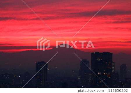 Sunset behind Mt. Fuji as seen from Minato-ku in central Tokyo Japan 113650292