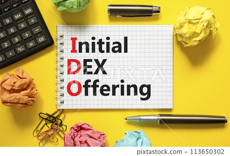 IDO initial DEX offering symbol. Concept words IDO initial DEX offering on beautiful white note. Beautiful yellow background. Black calculator. Business IDO initial DEX offering concept. Copy space. IDO initial DEX offering symbol. Concept words IDO initial DEX offering on beautiful white note. Beautiful yellow background. Black calculator. Business IDO initial DEX offering concept. Copy space. 113650302