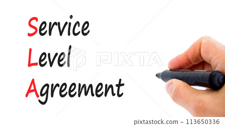 SLA service level agreement symbol. Concept words SLA service level agreement on beautiful white paper. Beautiful white background. Business SLA service level agreement concept. Copy space. SLA service level agreement symbol. Concept words SLA service level agreement on beautiful white paper. Beautiful white background. Business SLA service level agreement concept. Copy space. 113650336