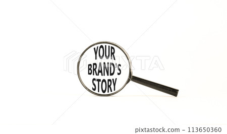 Branding and your brand story symbol. Concept words Your brands story in beautiful magnifying glass. Beautiful white table white background. Business branding your brand story concept. Copy space. Branding and your brand story symbol. Concept words Your brands story in beautiful magnifying glass. Beautiful white table white background. Business branding your brand story concept. Copy space. 113650360