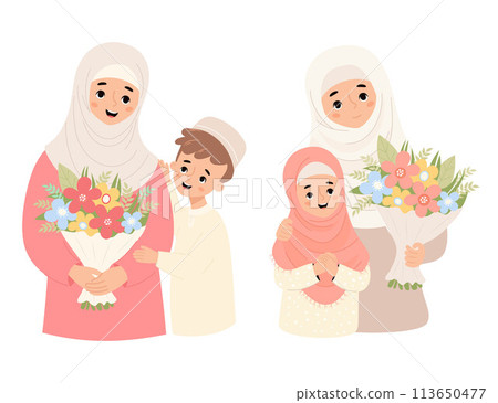 Happy Muslim family. Cute Islamic woman mother in hijab with son and daughter with bouquet flowers. Vector illustration flat cartoon style. Isolated Festive happy ethnic characters 113650477