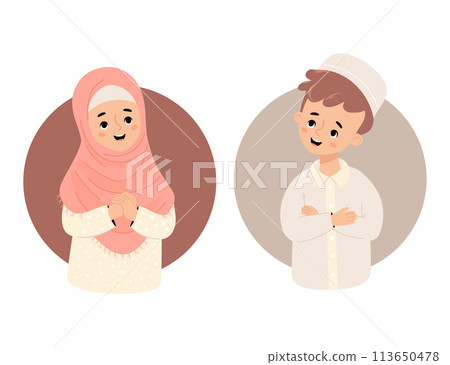 Cute Islamic children. Happy Muslim boy and girl in hijab. Isolated ethnic child character. Vector illustration in cartoon flat style 113650478