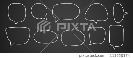 Set of hand drawn speech bubbles, chatting box for text, message box stroke, empty talk bubble, vector illustration, white outline, isolated background. Flat doodle style of thinking sign symbol. 113650574