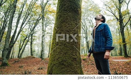 Man Connecting With Nature In The Woods Man Connecting With Nature In The Woods 113650675