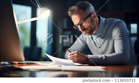 Businessperson works diligently amid organized business documents with focus, AI Generated 113650731