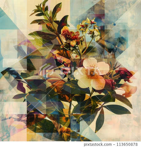 A creative painting featuring a bouquet of flowers on a geometric background 113650878