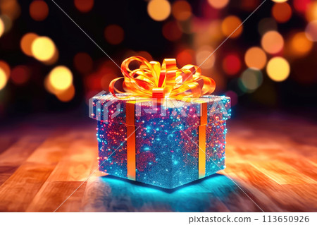 Bow-Tied Splendor: Colorful Gift Box on Bokeh Background - Generative AI 113650926