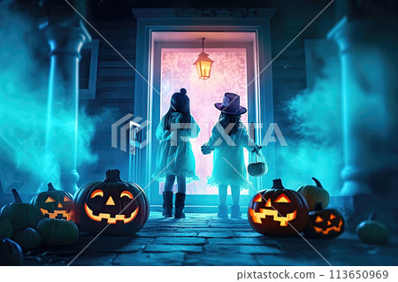 Festive Halloween Evening: Kids Gather at Mysterious Glowing Door - Generative AI 113650969