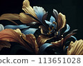 beautiful  golden-marine irises flowers against dark golden  background. close up.  Ai genarated 113651028