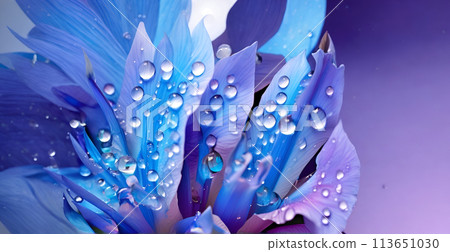 beautiful blue-purple irises flower petals with water drops against violet background. close up. Ai genarated beautiful blue-purple irises flower petals with water drops against violet background. close up. Ai genarated 113651030