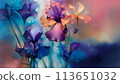 beautiful watercolor  orange-purple irises flowers against blur colorful  background. Digital artwork.  Ai genarated 113651032