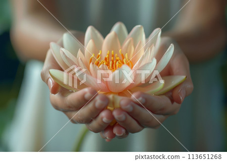 Buddha Purnima concept - female hands holding lotus flower 113651268