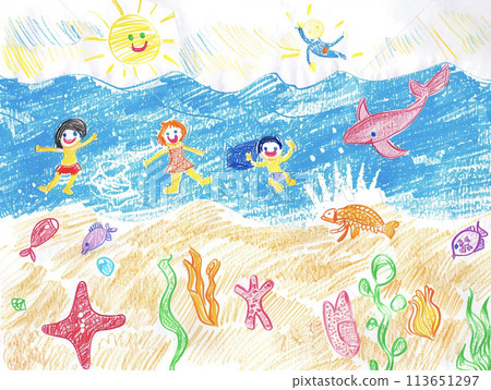 夏季大海中游泳的家庭的 AI 影像 夏季大海中游泳的家庭的 AI 影像 113651297