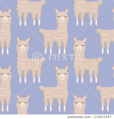 Seamless pattern with cute cartoon hand draw lama, alpaca. Design for printing, textile, fabric. Vector illustration 113651547