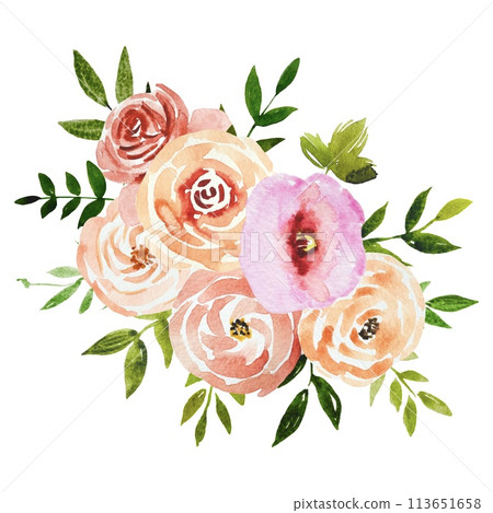 Watercolour Flower Bouquet Blush Rose Summer Arrangement Isolated on White Watercolour Flower Bouquet Blush Rose Summer Arrangement Isolated on White 113651658