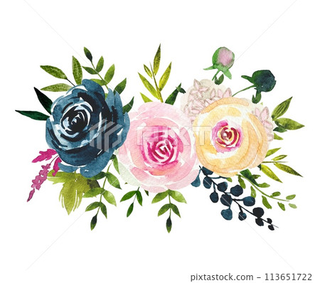Watercolor floral bouquet, indigo and blush roses. Summer composition isolated on white background 113651722