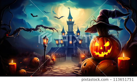 Bright Halloween Delight: Luminous Pumpkin on Sinister Background - Generative AI 113651751