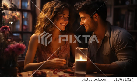 A Toast to Love: Couple Celebrates Valentine's Day in a Romantic Atmosphere 113651824