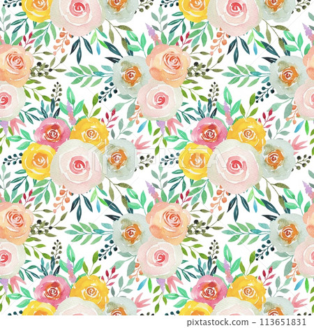 Floral seamless pattern with watercolor roses and leaves Floral seamless pattern with watercolor roses and leaves 113651831