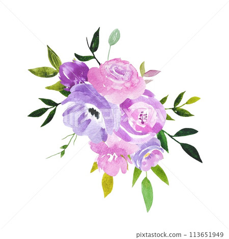 Watercolor floral bouquet, purple flowers, summer composition isolated on white background 113651949