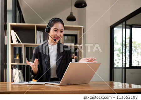 Call center friendly woman asian in office for customer service, technical support and advice, contact and communication with employee operator in help desk agency Call center friendly woman asian in office for customer service, technical support and advice, contact and communication with employee operator in help desk agency 113652198