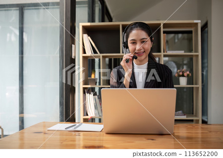 Call center friendly woman asian in office for customer service, technical support and advice, contact and communication with employee operator in help desk agency Call center friendly woman asian in office for customer service, technical support and advice, contact and communication with employee operator in help desk agency 113652200