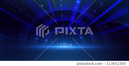 Abstract futuristic glowing blue neon curved light lines with speed motion moving on dark blue background. 113652395