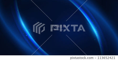 Abstract blue curved light ray glowing on dark blue background with copy space for text. 113652421