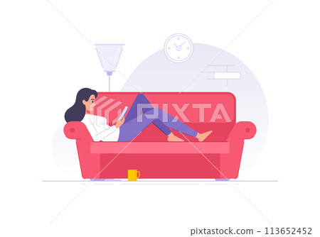 Cartoon woman character reading book on sofa at home flat vector illustration Cartoon woman character reading book on sofa at home flat vector illustration 113652452