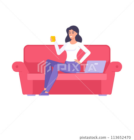 Beautiful freelancer woman enjoying break drinking tea coffee sitting on couch with mug 113652470