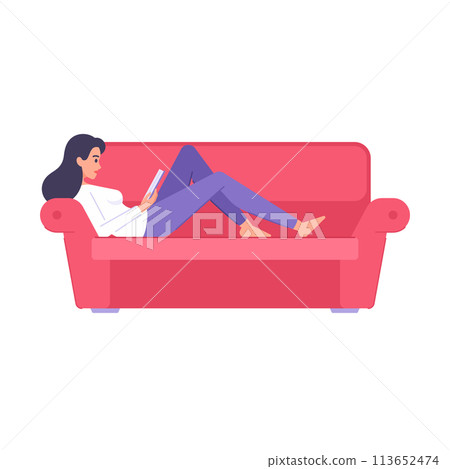 Relaxed woman reading interesting paper book lying on comfortable couch resting at home vector Relaxed woman reading interesting paper book lying on comfortable couch resting at home vector 113652474