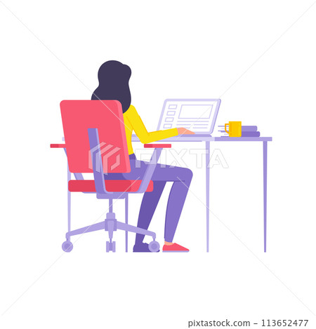 Back view modern woman working laptop browsing internet website sitting at desk workplace vector 113652477