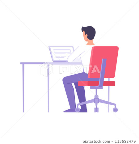 Modern male student studying remotely online distance education sitting at desk laptop vector Modern male student studying remotely online distance education sitting at desk laptop vector 113652479