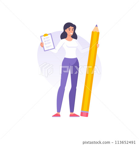 Happy successful woman holding clipboard to do list with completed tasks checkmark and pencil Happy successful woman holding clipboard to do list with completed tasks checkmark and pencil 113652491