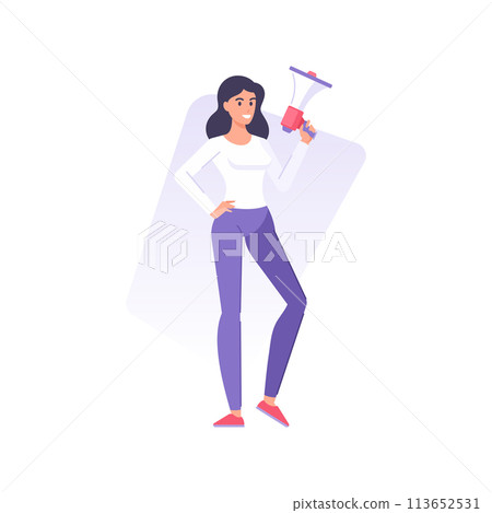 Smiling young business woman holding megaphone for voice loud advertising vector flat illustration 113652531