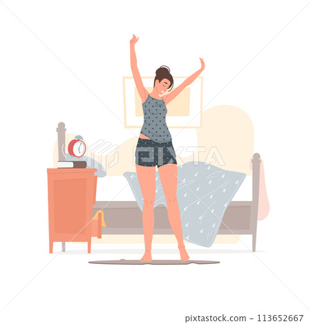 Happy young woman waking up in morning Happy young woman waking up in morning 113652667