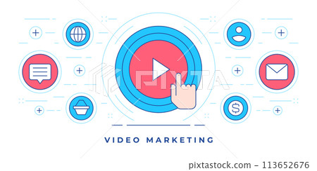 Vector illustration of flat line banner of icons around hand pushing play button for website video marketing services Vector illustration of flat line banner of icons around hand pushing play button for website video marketing services 113652676