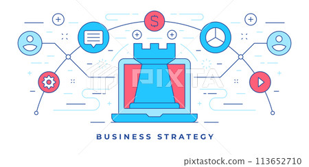 Vector illustration of flat line banner with laptop with chess piece and icons for website business strategy solution 113652710