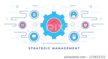 Vector illustration of flat line banner with gear with money symbol and icons strategic management marketing campaign Vector illustration of flat line banner with gear with money symbol and icons strategic management marketing campaign 113652722
