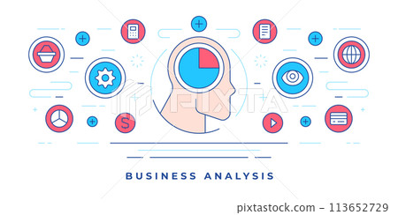 Vector illustration of flat line banner with human profile and icons for website promoting business analysis services Vector illustration of flat line banner with human profile and icons for website promoting business analysis services 113652729