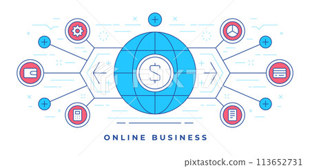 Vector illustration of flat line banner with globe and money colorful icons for website online business services Vector illustration of flat line banner with globe and money colorful icons for website online business services 113652731